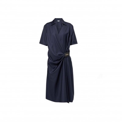 LOEWE PINSTRIPE GATHERED WOOL WRAP DRESS 